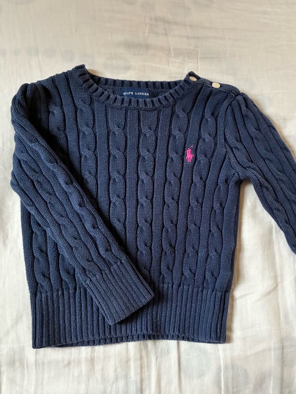 Ralph Lauren Navy Cable-Knit Crew Sweater with Pink Pony